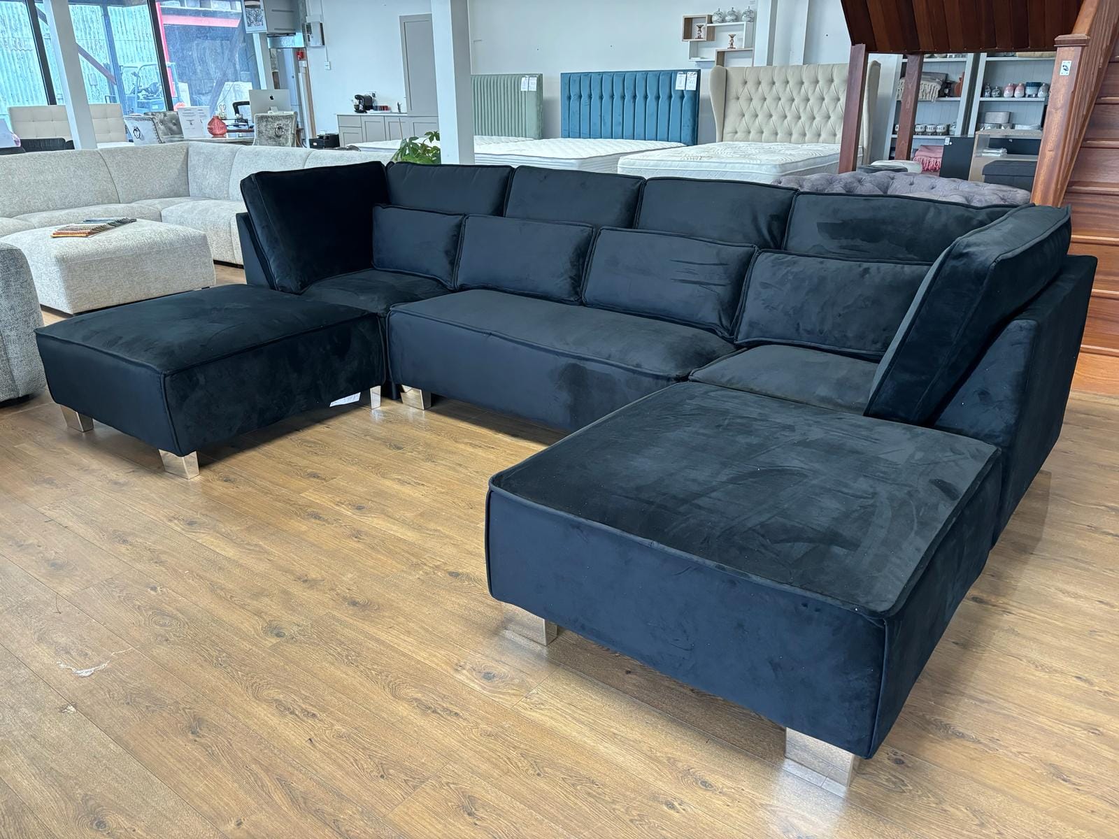 Bishop Grande U Shape Sofa | 4-Backrest Luxury Bespoke Sofa with different color options of multiple fabric of plush velvet fabric, teddy boucle fabric, naple fabric and marble fabric.