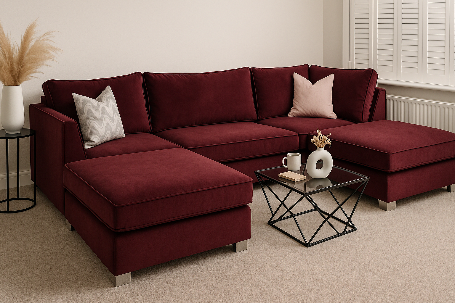 Bishop Classic U Shape Sofa | 3-Backrest Luxury Bespoke Sofa with different color options of multiple fabric of plush velvet fabric, teddy boucle fabric, naple fabric and marble fabric.