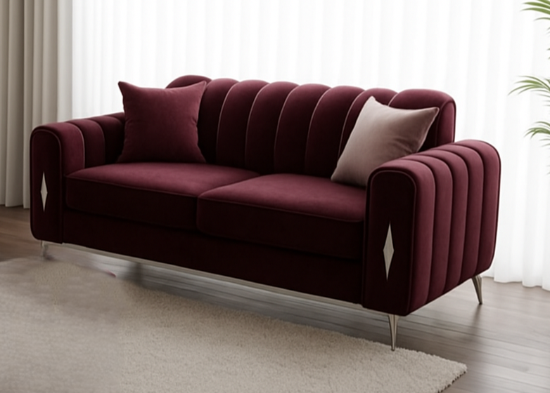 romantica sofa having 2 seater with different color options of multiple fabric of plush velvet fabric, teddy boucle fabric, naple fabric and marble fabric.