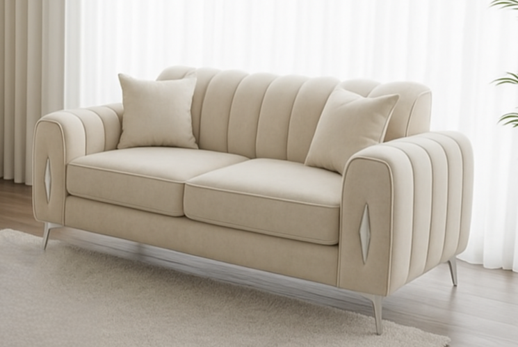 romantica sofa having 2 seater with different color options of multiple fabric of plush velvet fabric, teddy boucle fabric, naple fabric and marble fabric.