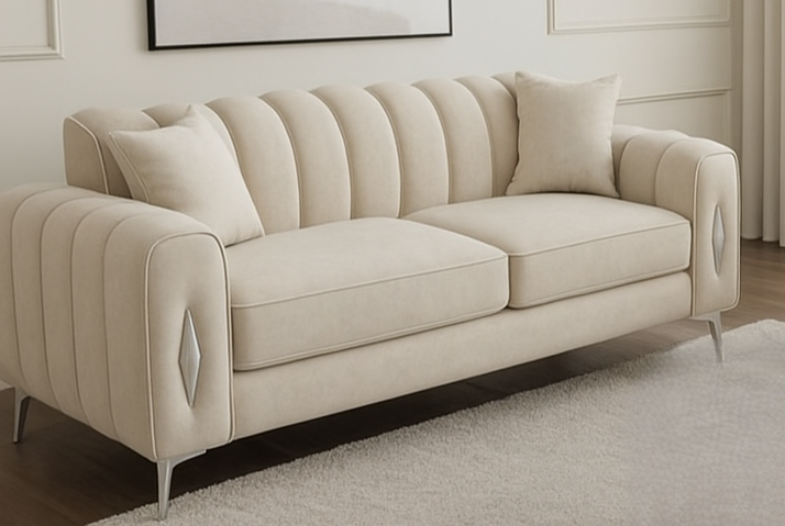 romantica sofa having 3 seater, 2 seater, 4 seater, 5 seater with different color options of multiple fabric of plush velvet fabric, teddy boucle fabric, naple fabric and marble fabric.