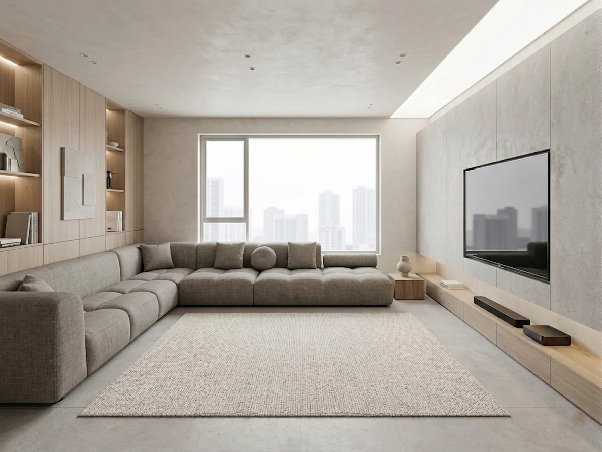 Franklin Khalifa chaise end sofa in cream fabric, modern L shape modular sofa with deep seating placed in a stylish UK living room with large window, neutral decor, and wall-mounted TV