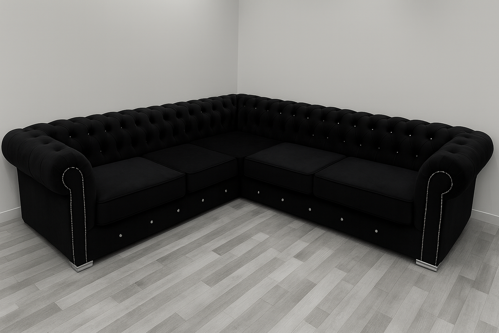 Chesterfield Italian Corner Sofa | Bespoke L-Shaped with different color options of multiple fabrics of plush velvet fabric, teddy boucle fabric, naple fabric and marble fabric - Legacy Living UK