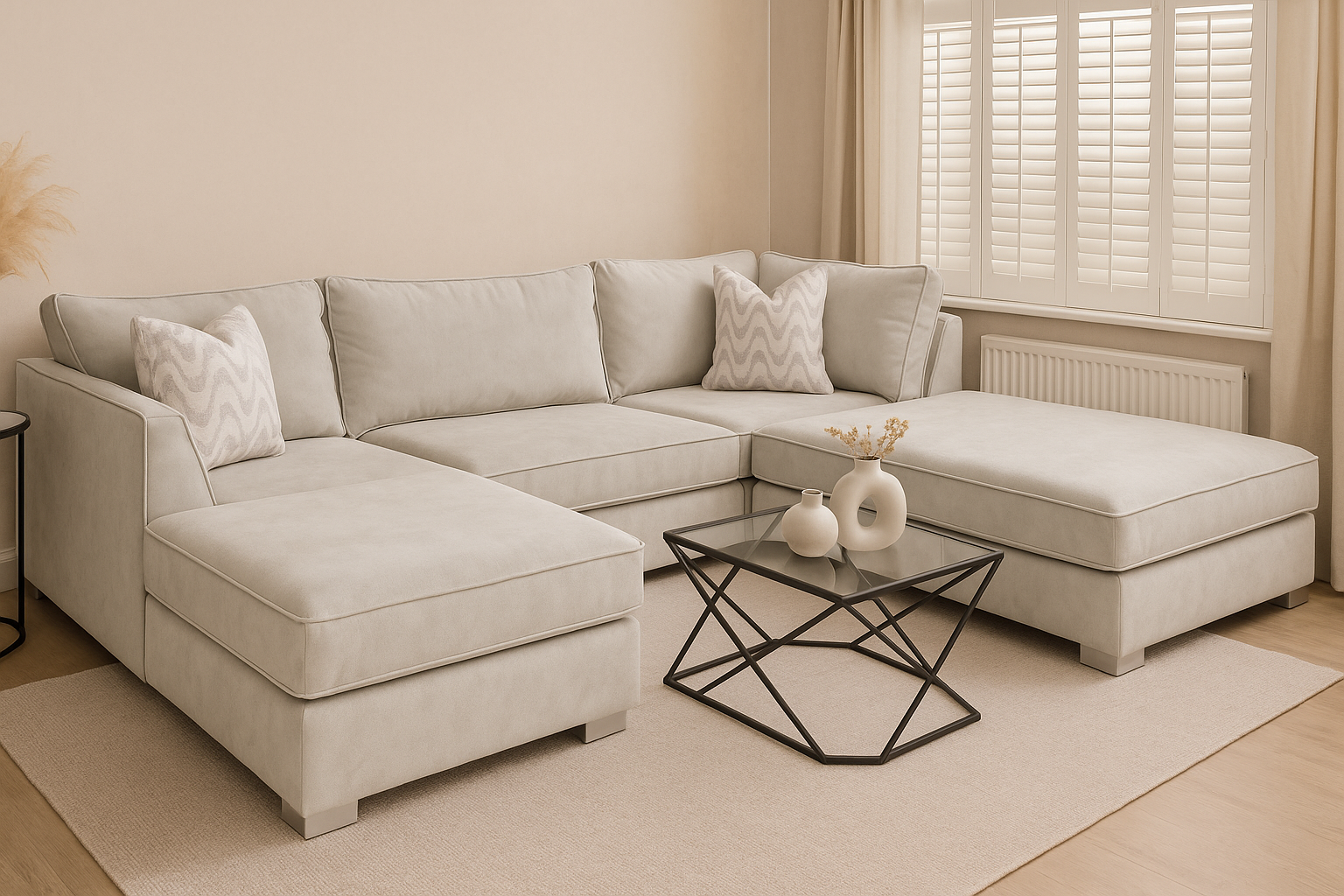 Bishop Classic U Shape Sofa | 3-Backrest Luxury Bespoke Sofa with different color options of multiple fabric of plush velvet fabric, teddy boucle fabric, naple fabric and marble fabric.