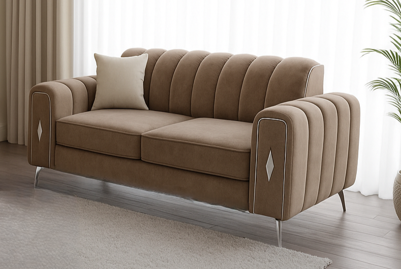 romantica sofa having 2 seater with different color options of multiple fabric of plush velvet fabric, teddy boucle fabric, naple fabric and marble fabric.