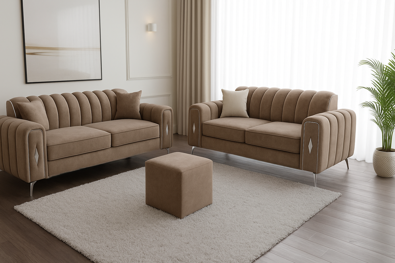 romantica sofa having 3 seater, 2 seater, 4 seater, 5 seater with different color options of multiple fabric of plush velvet fabric, teddy boucle fabric, naple fabric and marble fabric.