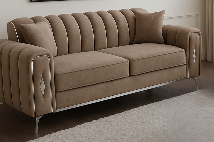 romantica sofa having 3 seater, 2 seater, 4 seater, 5 seater with different color options of multiple fabric of plush velvet fabric, teddy boucle fabric, naple fabric and marble fabric.