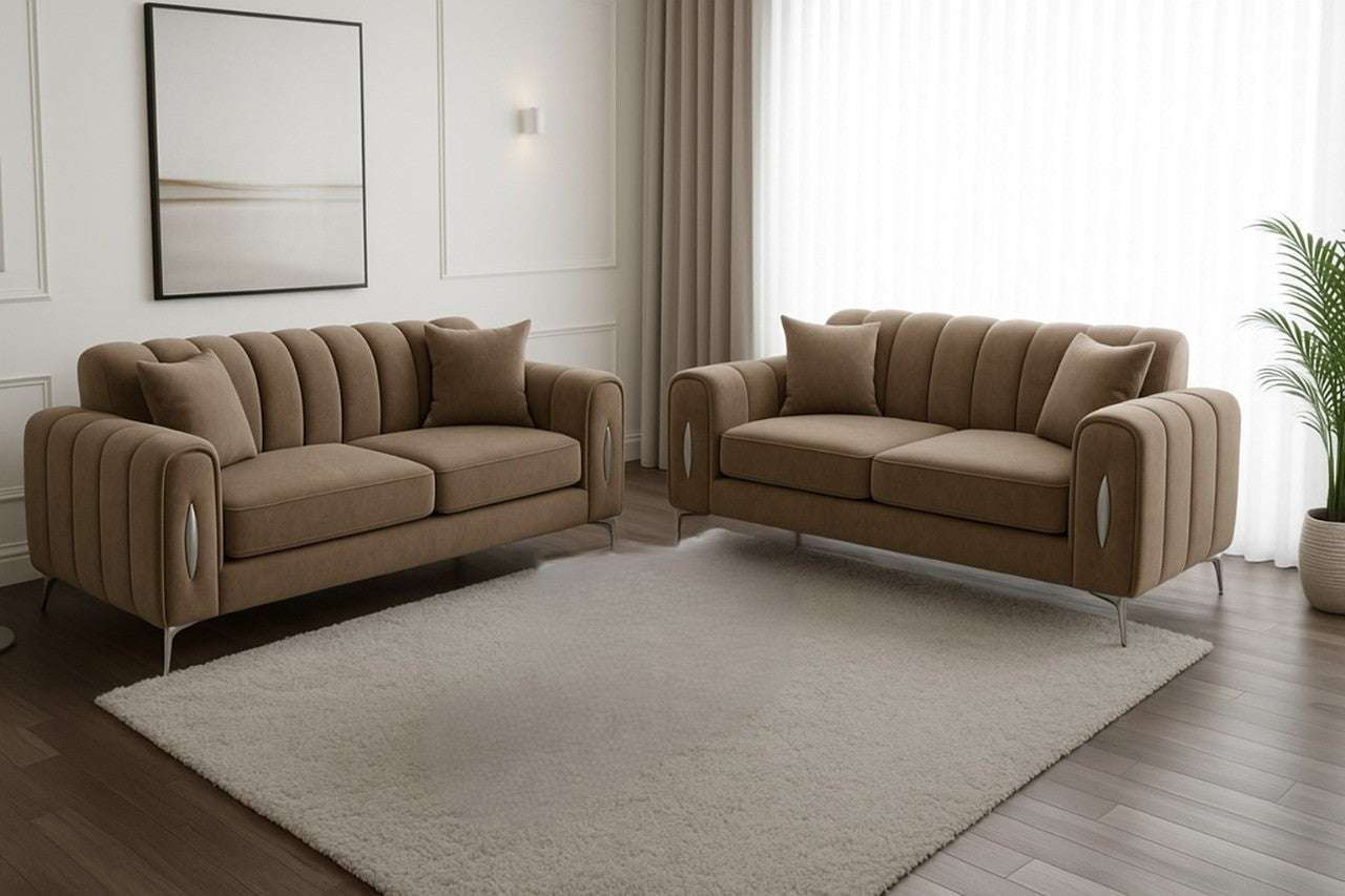 romantica sofa having 3 seater, 2 seater, 4 seater, 5 seater with different color options of multiple fabric of plush velvet fabric, teddy boucle fabric, naple fabric and marble fabric.