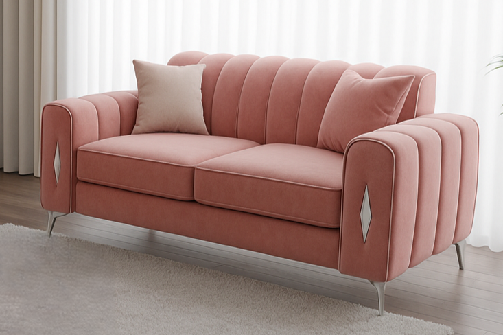 romantica sofa having 2 seater with different color options of multiple fabric of plush velvet fabric, teddy boucle fabric, naple fabric and marble fabric.