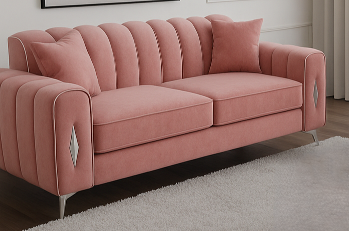 romantica sofa having 3 seater, 2 seater, 4 seater, 5 seater with different color options of multiple fabric of plush velvet fabric, teddy boucle fabric, naple fabric and marble fabric.