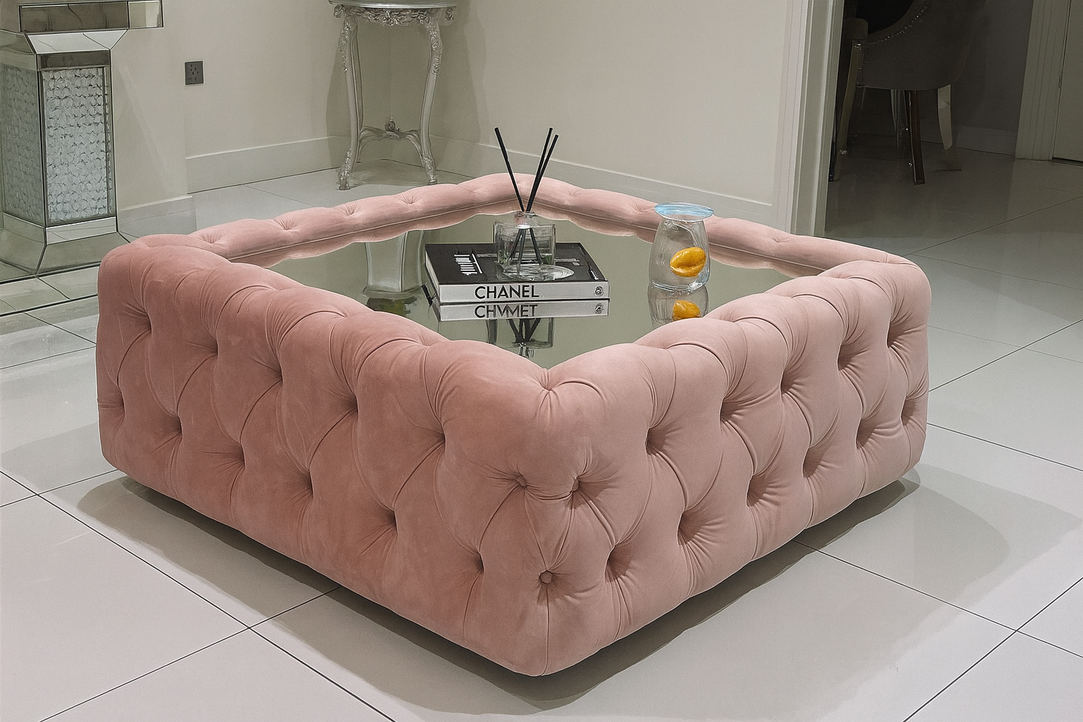 Upholstered Chesterfield Glass Top Coffee Table - Legacy Living UK
