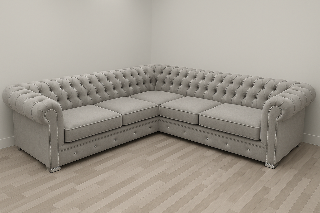 Chesterfield Italian Corner Sofa | Bespoke L-Shaped with different color options of multiple fabrics of plush velvet fabric, teddy boucle fabric, naple fabric and marble fabric - Legacy Living UK