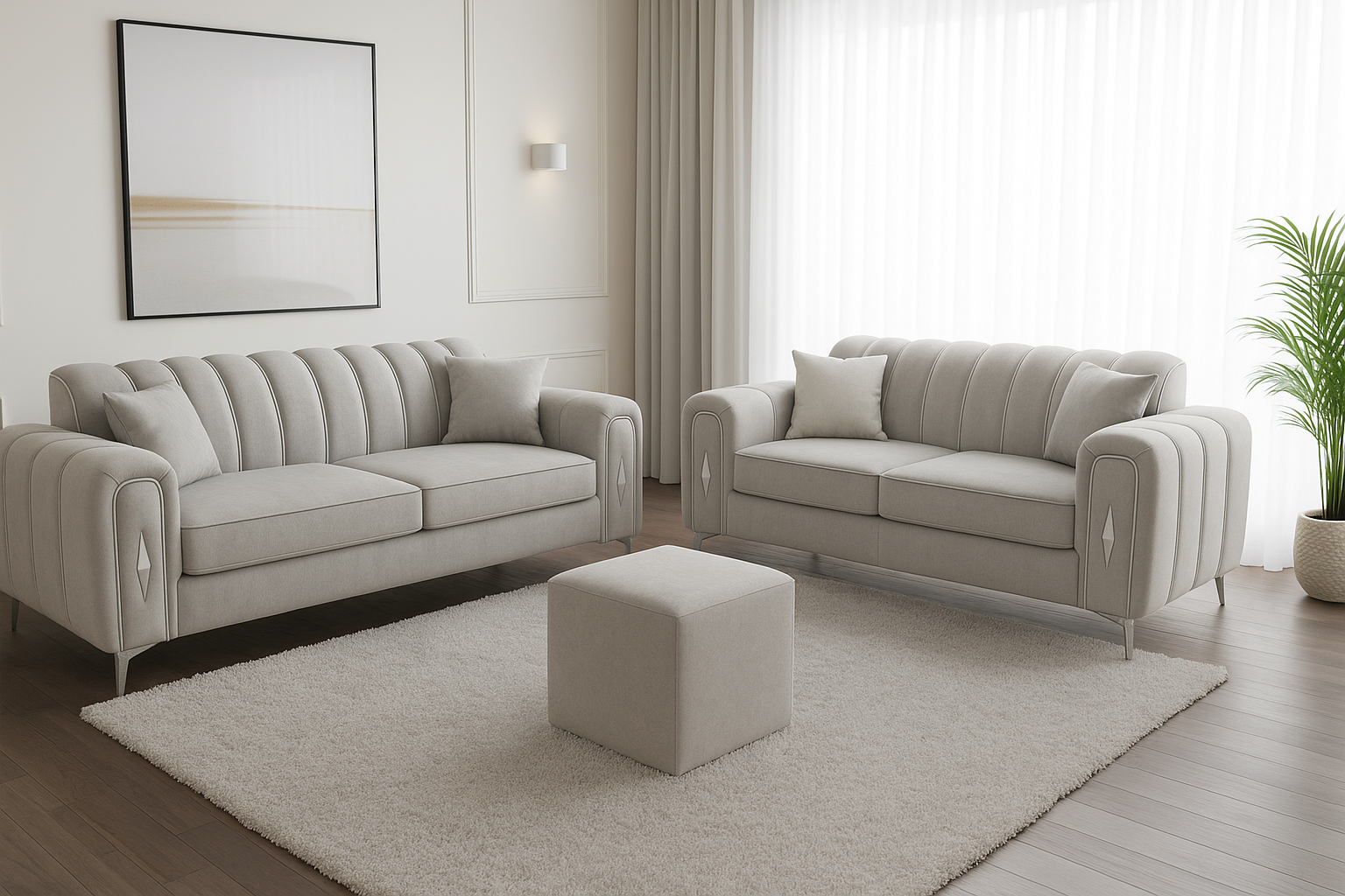 romantica sofa having 3 seater, 2 seater, 4 seater, 5 seater with different color options of multiple fabric of plush velvet fabric, teddy boucle fabric, naple fabric and marble fabric.